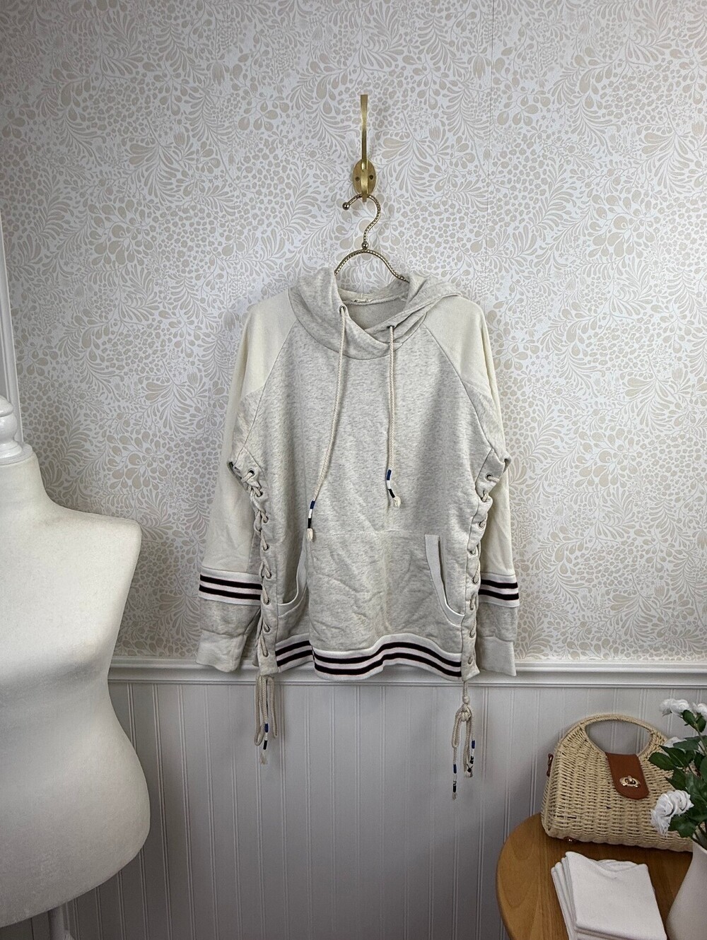 POL Cream & Gray Oversized Boho Stripe Cowl Neck Lace-up Hoodie - Size - Medium